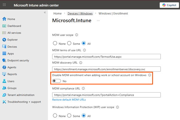 Intune opt-in MDM enrollment setting in the Intune admin center